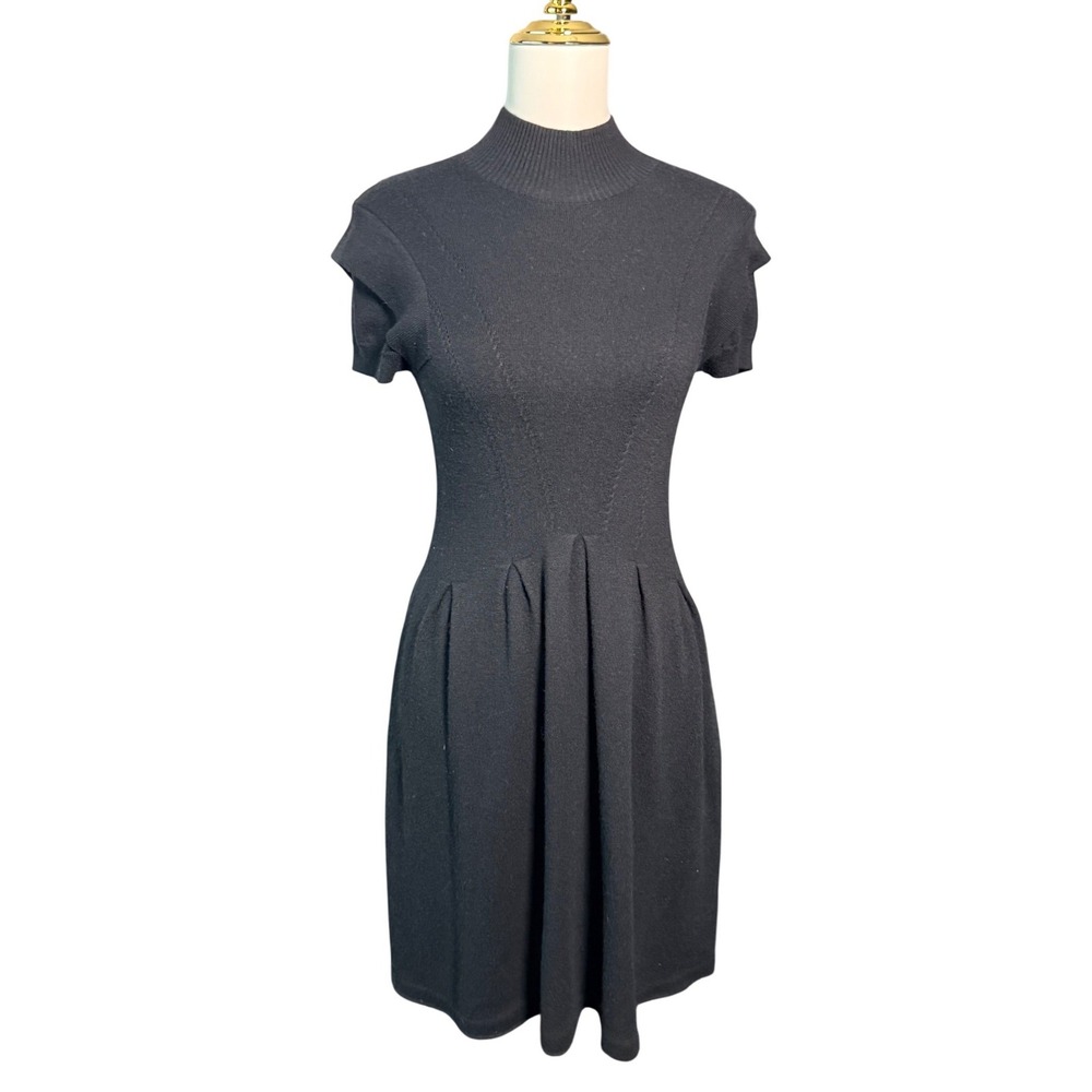 Black Wool Blend Mock Neck Knit Pleated Skirt Short Sleeve Dress Fit flare